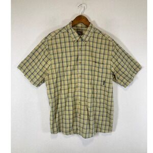 Outdoorsy Royal Robbins Mens Large Yellow Green Plaid Short Sleeve Button Shirt